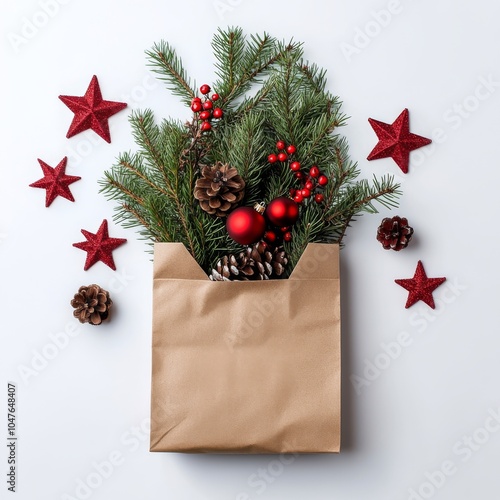 Festive brown bag filled with pine branches, red ornaments, and pinecones for...