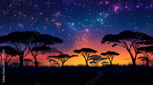 Silhouette of african trees under the milky way at sunrise. Savanna Night Sky. Illustration