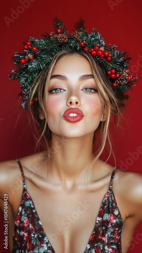 Young woman with festive wreath posing cheerfully against a vibrant red backg...