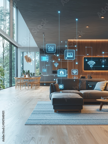 Smart Home Technology Visualization: Holographic Displays & Touch-Screen Icons in a Modern Open-Plan Living Room for Seamless Connectivity