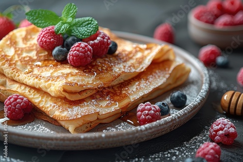 A plate of traditional Russian pancakes, oladyi, served with honey and fresh berries.  photo