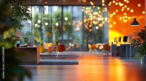 Modern office interior with bright decor and vibrant lighting during daytime