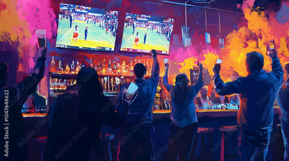 Naklejka premium Vibrant sports bar atmosphere with patrons celebrating energetically -