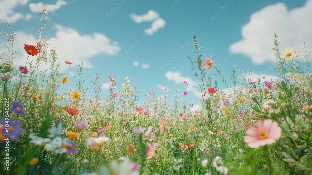 A colorful wildflower meadow swaying gently in the breeze under a clear blue sky. A colorful wildflower meadow swaying gently in the breeze under a clear blue sky.
