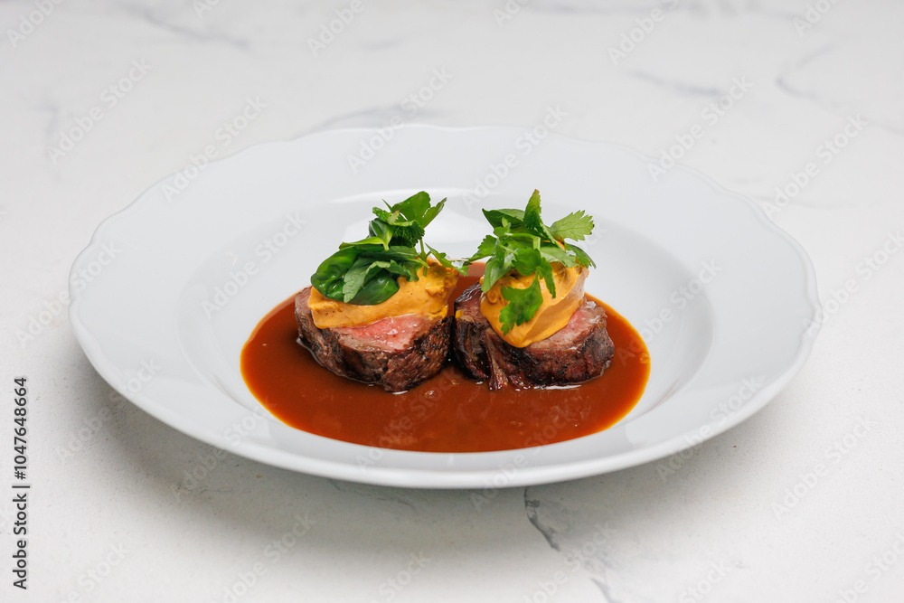 Veal medallions with herbs and sauce Veal medallions with herbs and sauce