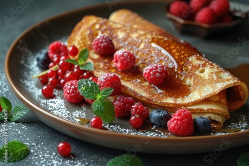 A plate of traditional Russian pancakes, oladyi, served with honey and fresh berries.  photo