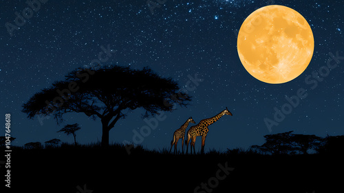Silhouettes of two giraffes and an acacia tree against a full moon in the african night sky. Savanna Night Sky. Illustration