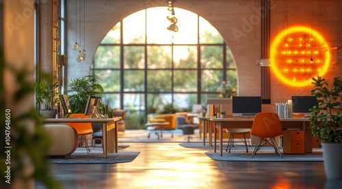 Modern office interior with bright decor and vibrant lighting during daytime