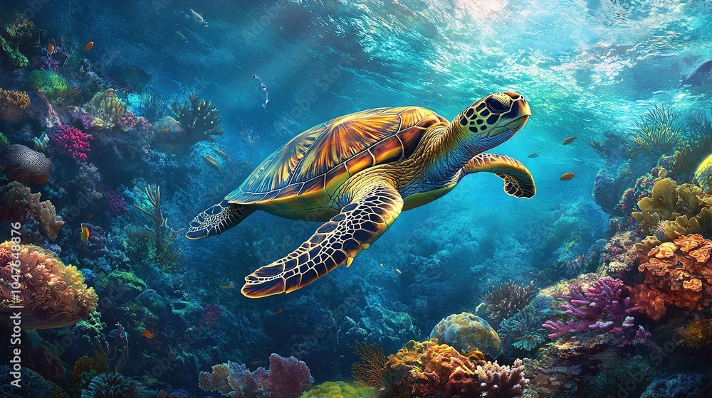 Obraz premium A marine turtle swimming gracefully in a coral reef, its natural habitat filled with vibrant marine life.