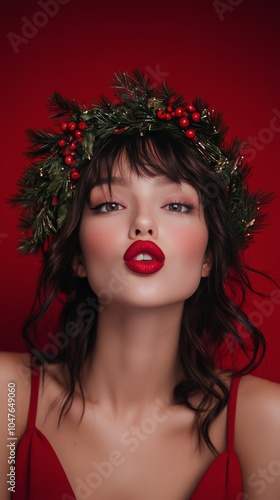 Young woman with festive wreath posing cheerfully against a vibrant red backg...