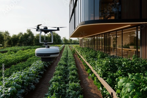 A drone hovers over lush agricultural fields beside modern buildings, exemplifying technology's role in enhancing farming efficiency in a futuristic setting. photo