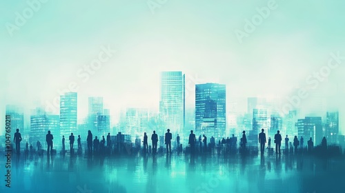 Silhouettes of people against a dreamy urban skyline in a blue-green hue.