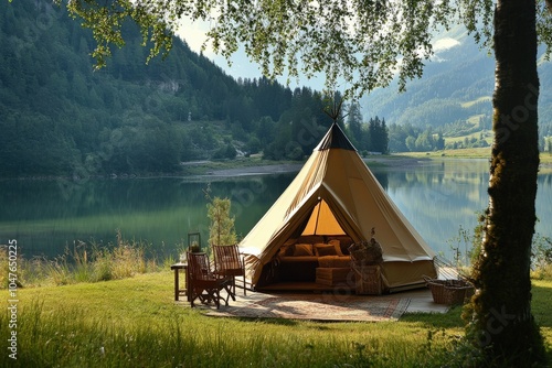 Luxury Glamping in Natural Mountain Landscape with Tree Decor photo