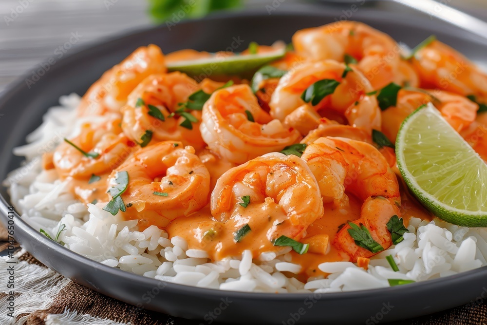 A plate of vatap a creamy shrimp and peanut dish served over white rice, garnished with fresh parsley and lime wedges A plate of vatap a creamy shrimp and peanut dish served over white rice, garnished with fresh parsley and lime wedges