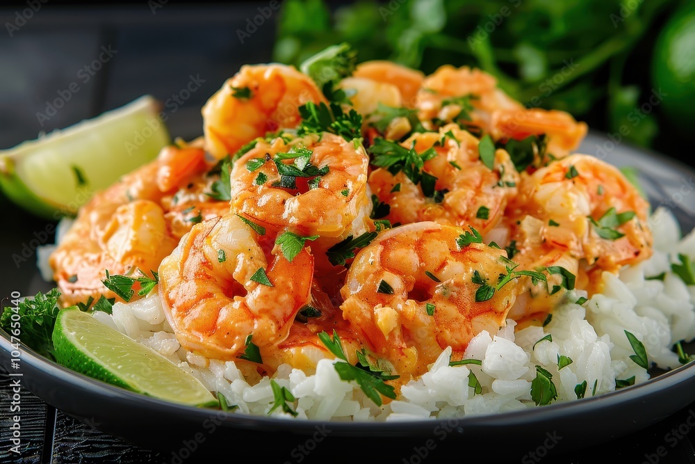 A plate of vatap a creamy shrimp and peanut dish served over white rice, garnished with fresh parsley and lime wedges A plate of vatap a creamy shrimp and peanut dish served over white rice, garnished with fresh parsley and lime wedges