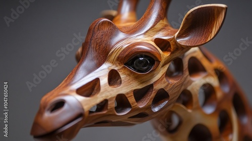 Close-up of a wooden giraffe sculpture, showcasing intricate details and craftsmanship. photo