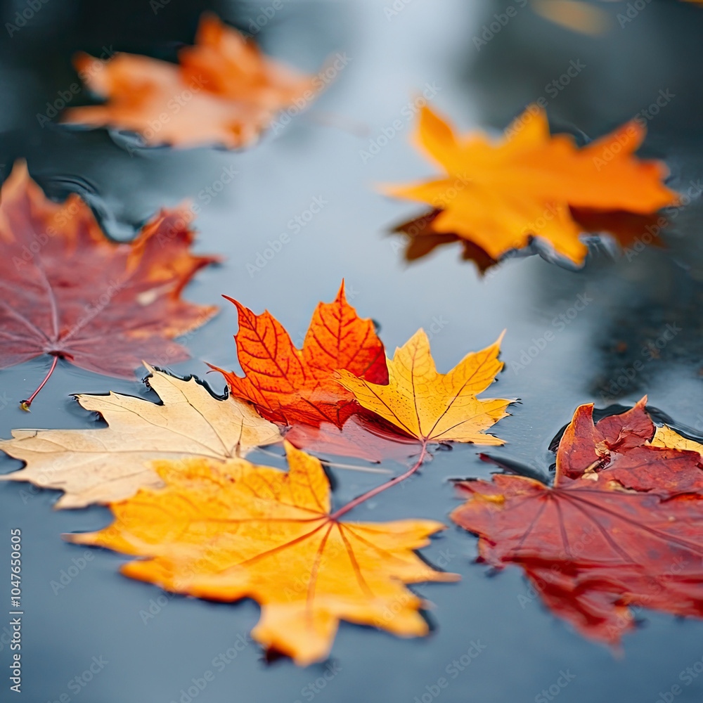 Autumn leaves on the water close-up. Illustration, print, decor.