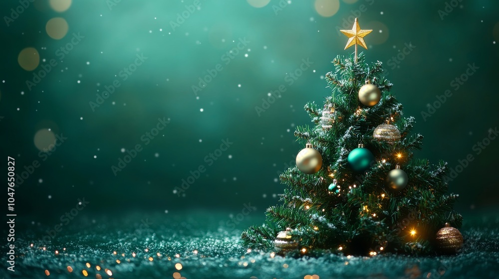 Green background with Christmas tree: A green background featuring a beautifully decorated Christmas tree with ornaments, lights, and a shining star on top Green background with Christmas tree: A green background featuring a beautifully decorated Christmas tree with ornaments, lights, and a shining star on top