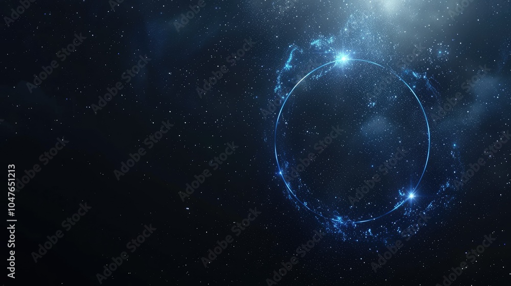 Fototapeta premium A glowing blue star ring floats in the center of an empty dark space