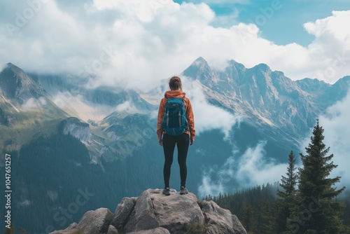 A determined woman stands on a rocky peak, overlooking majestic mountains, symbolizing adventure, strength, and wanderlust.