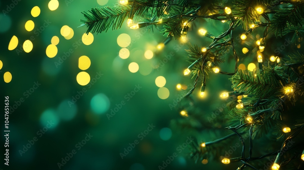 Green Christmas lights background: A glowing green background with string lights, creating a warm and festive holiday atmosphere Green Christmas lights background: A glowing green background with string lights, creating a warm and festive holiday atmosphere