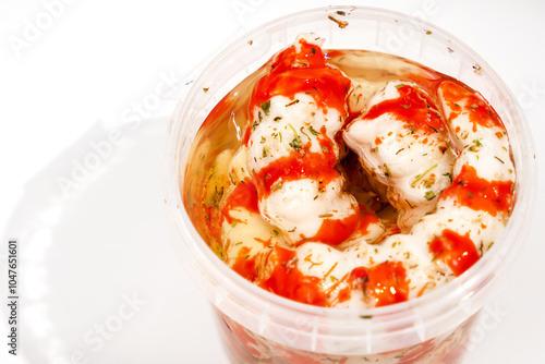 Container with Surimi in the form of shrimp on a white background. photo