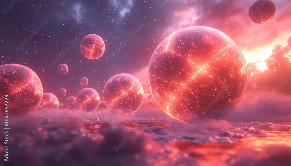 Glowing Red Planets in a Pink and Purple Galaxy Glowing Red Planets in a Pink and Purple Galaxy