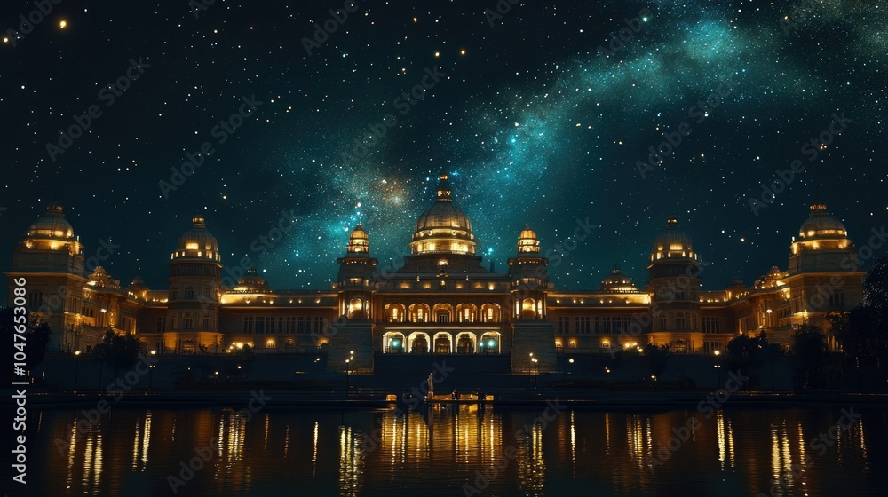 A grand view of Vidhana Soudha illuminated at night, showcasing its architectural beauty against a starry sky. A grand view of Vidhana Soudha illuminated at night, showcasing its architectural beauty against a starry sky.