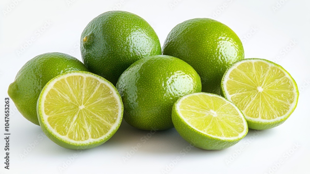 Group of limes with slices and peels, isolated on a pure white background, capturing their citrusy appeal Group of limes with slices and peels, isolated on a pure white background, capturing their citrusy appeal