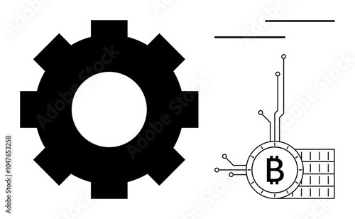 Large black gear beside a Bitcoin symbol with circuitry and lines. Ideal for technology, cryptocurrency, blockchain, fintech, and digital innovation-related themes. Minimalistic vector art style
