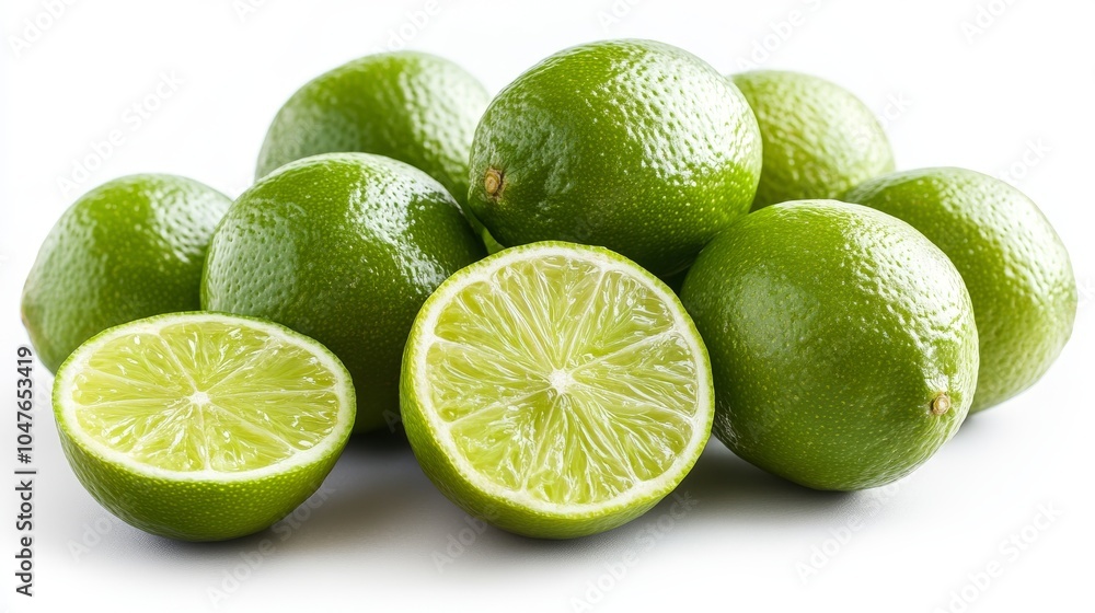 Group of limes with slices and peels, isolated on a pure white background, capturing their citrusy appeal Group of limes with slices and peels, isolated on a pure white background, capturing their citrusy appeal