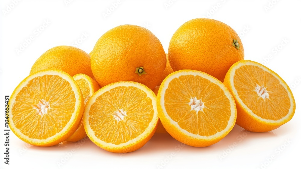 Fototapeta premium Group of oranges with slices and peels, isolated on a pure white background, capturing their citrusy appeal