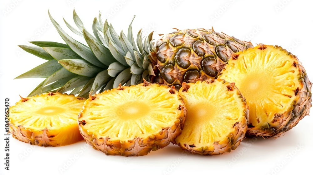 Group of pineapples with slices and peels, isolated on a pure white background, capturing their fruity and exotic nature Group of pineapples with slices and peels, isolated on a pure white background, capturing their fruity and exotic nature