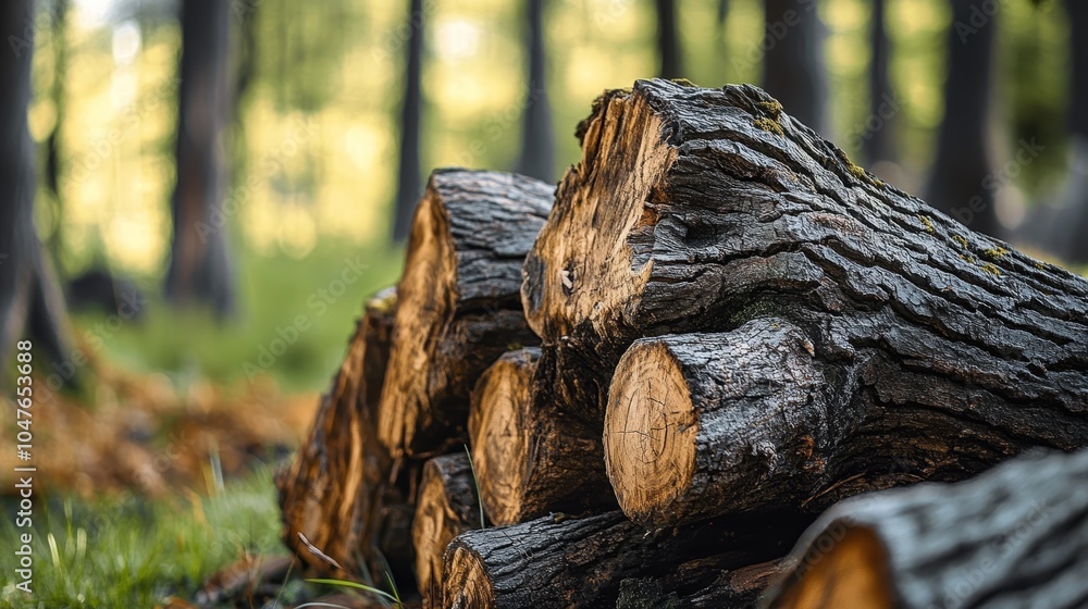 Fototapeta premium Sunlit logs stacked in a tranquil forest, showcasing nature's textures and colors.