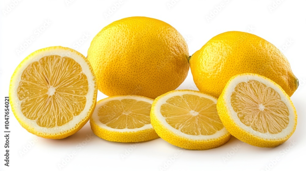 Lemon slices and whole lemons, showcased on a white background, highlighting their vivid yellow color Lemon slices and whole lemons, showcased on a white background, highlighting their vivid yellow color