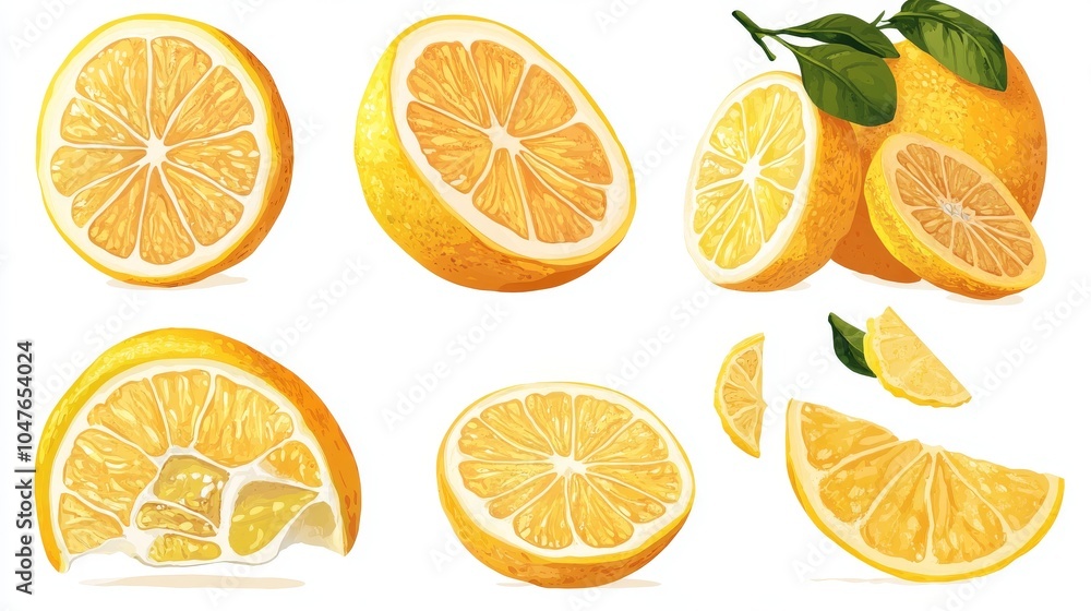 Lemon slices and whole lemons, showcased on a white background, highlighting their vivid yellow color Lemon slices and whole lemons, showcased on a white background, highlighting their vivid yellow color