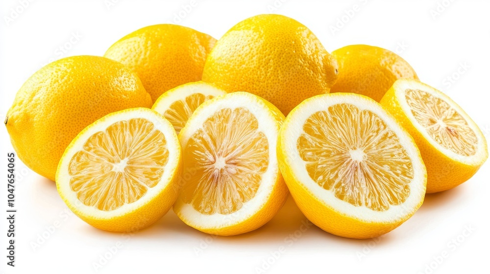 Lemon slices and whole lemons, showcased on a white background, highlighting their vivid yellow color Lemon slices and whole lemons, showcased on a white background, highlighting their vivid yellow color
