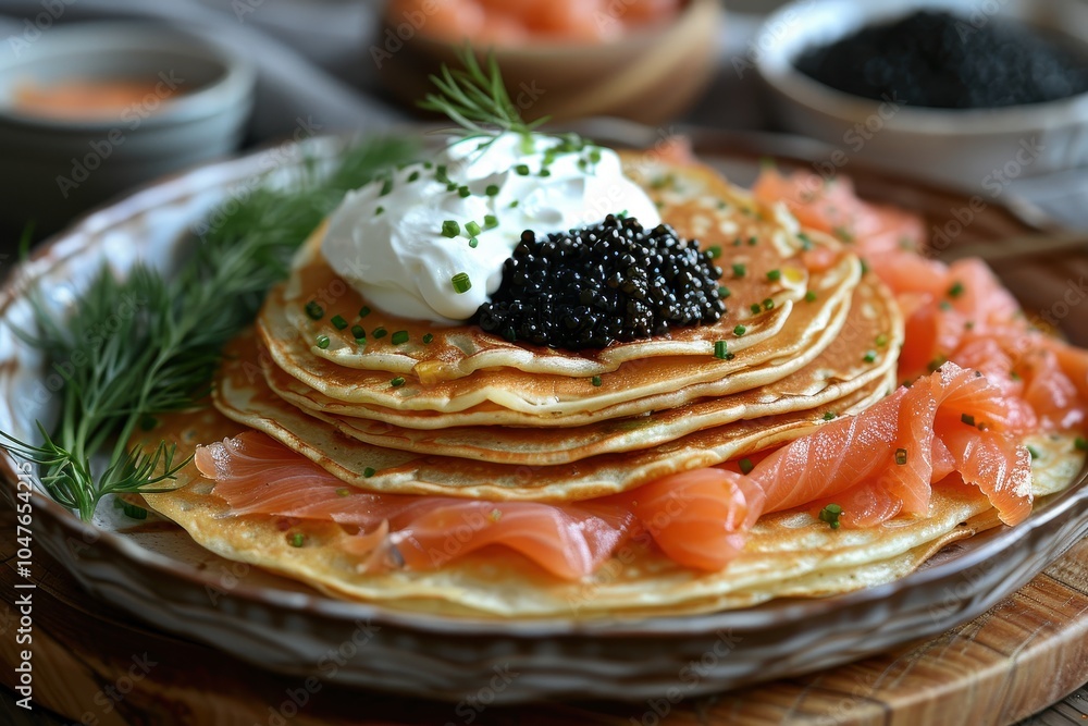 A platter of blini, thin Russian pancakes, served with smoked salmon, sour cream, and caviar. A platter of blini, thin Russian pancakes, served with smoked salmon, sour cream, and caviar.
