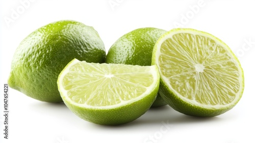 Group of limes with slices and peels, isolated on a pure white background, capturing their citrusy appeal