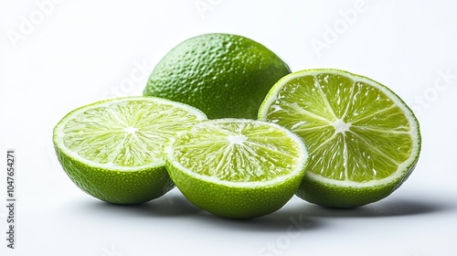 Group of limes with slices and peels, isolated on a pure white background, capturing their citrusy appeal