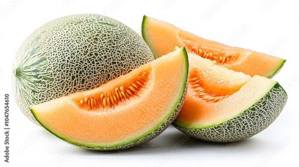 Group of melons with slices and peels, isolated on a pure white background, capturing their fruity appeal Group of melons with slices and peels, isolated on a pure white background, capturing their fruity appeal