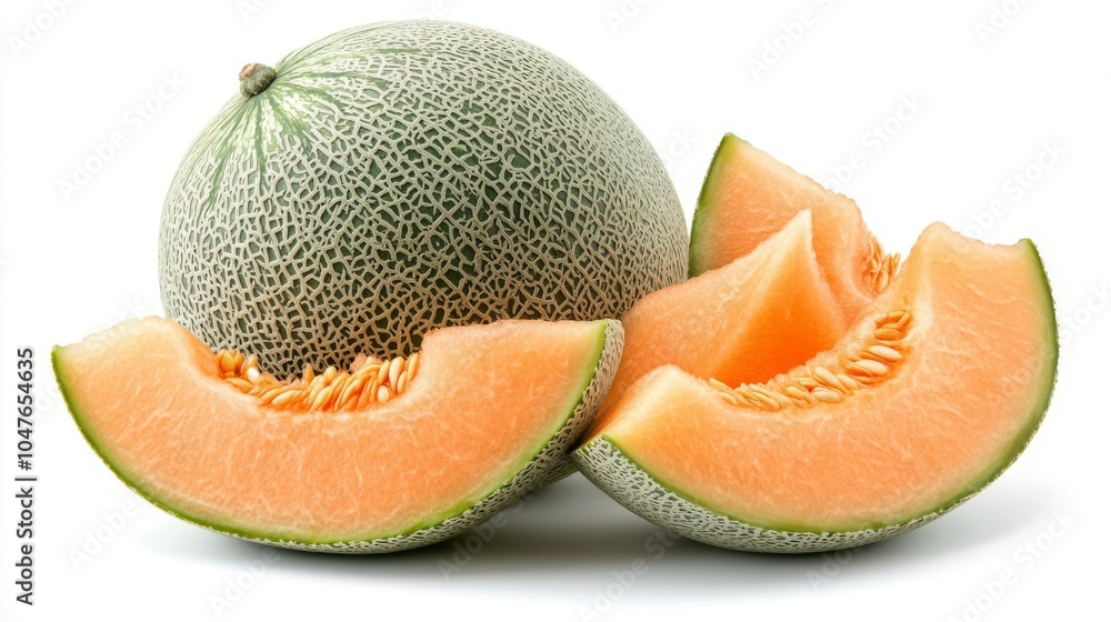 Group of melons with slices and peels, isolated on a pure white background, capturing their fruity appeal Group of melons with slices and peels, isolated on a pure white background, capturing their fruity appeal