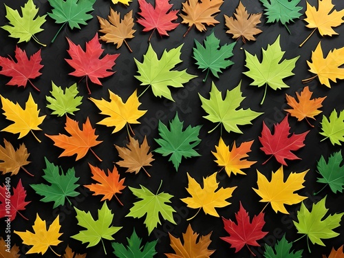 wallpaper representing leaves in autumn colors, in relief, on a black background.