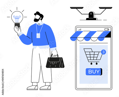 A person holds a light bulb while standing next to a large mobile phone screen displaying a shopping cart icon and buy button. Ideal for themes related to e-commerce technology innovation business