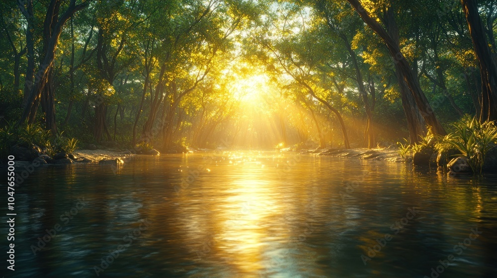 Sunrays illuminate a serene river winding through a dense forest at sunrise, creating a mystical and peaceful atmosphere. Sunrays illuminate a serene river winding through a dense forest at sunrise, creating a mystical and peaceful atmosphere.