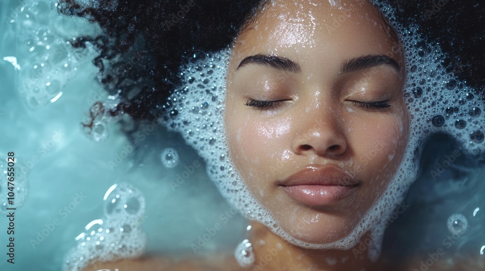 A woman is in a bathtub with bubbles and her face is visible A woman is in a bathtub with bubbles and her face is visible