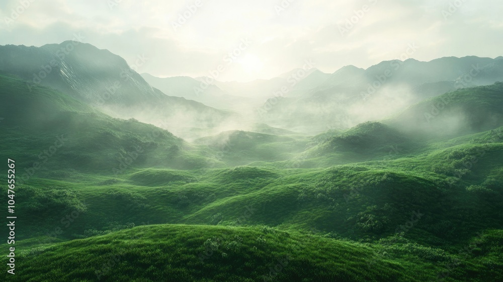 A misty morning in a lush green valley, with rolling hills and soft fog creating a dreamy atmosphere. A misty morning in a lush green valley, with rolling hills and soft fog creating a dreamy atmosphere.