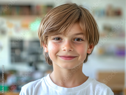 happy young boy with light brown hair smiles warmly in bright, cheerful environment. His expression radiates joy and innocence, making scene feel inviting and friendly