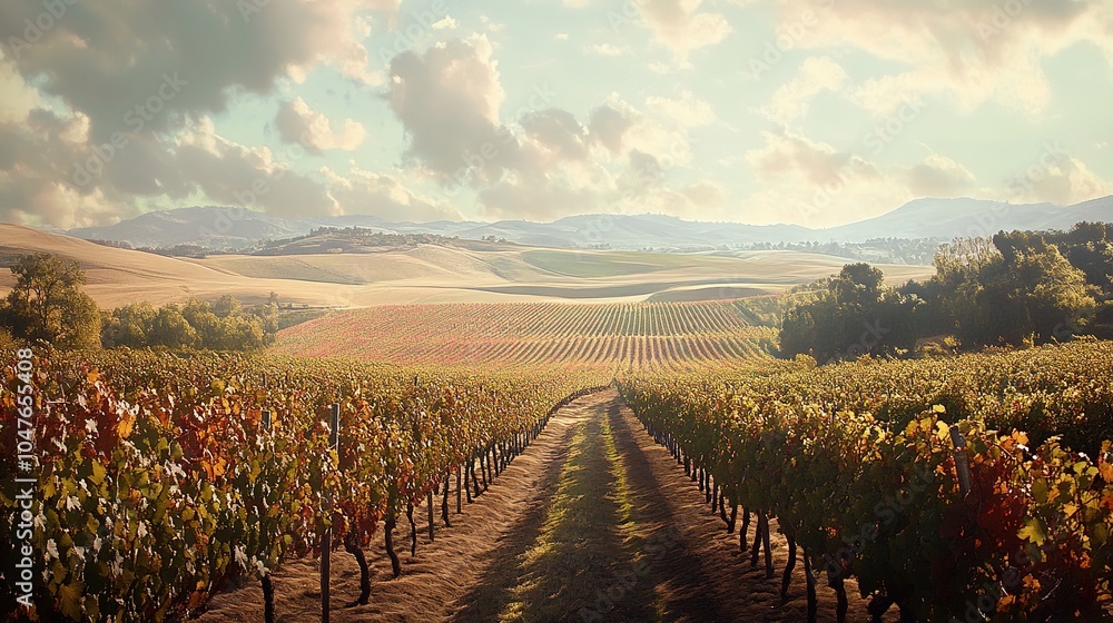 Fototapeta premium A peaceful view of a vineyard at harvest time, with rows of grapevines stretching out towards distant hills.