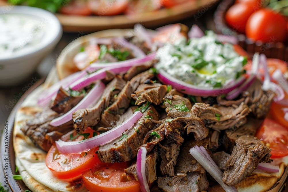 A platter of gyro meat, thinly sliced and served with tomatoes, red onions, and tzatziki, on a bed of pita bread A platter of gyro meat, thinly sliced and served with tomatoes, red onions, and tzatziki, on a bed of pita bread
